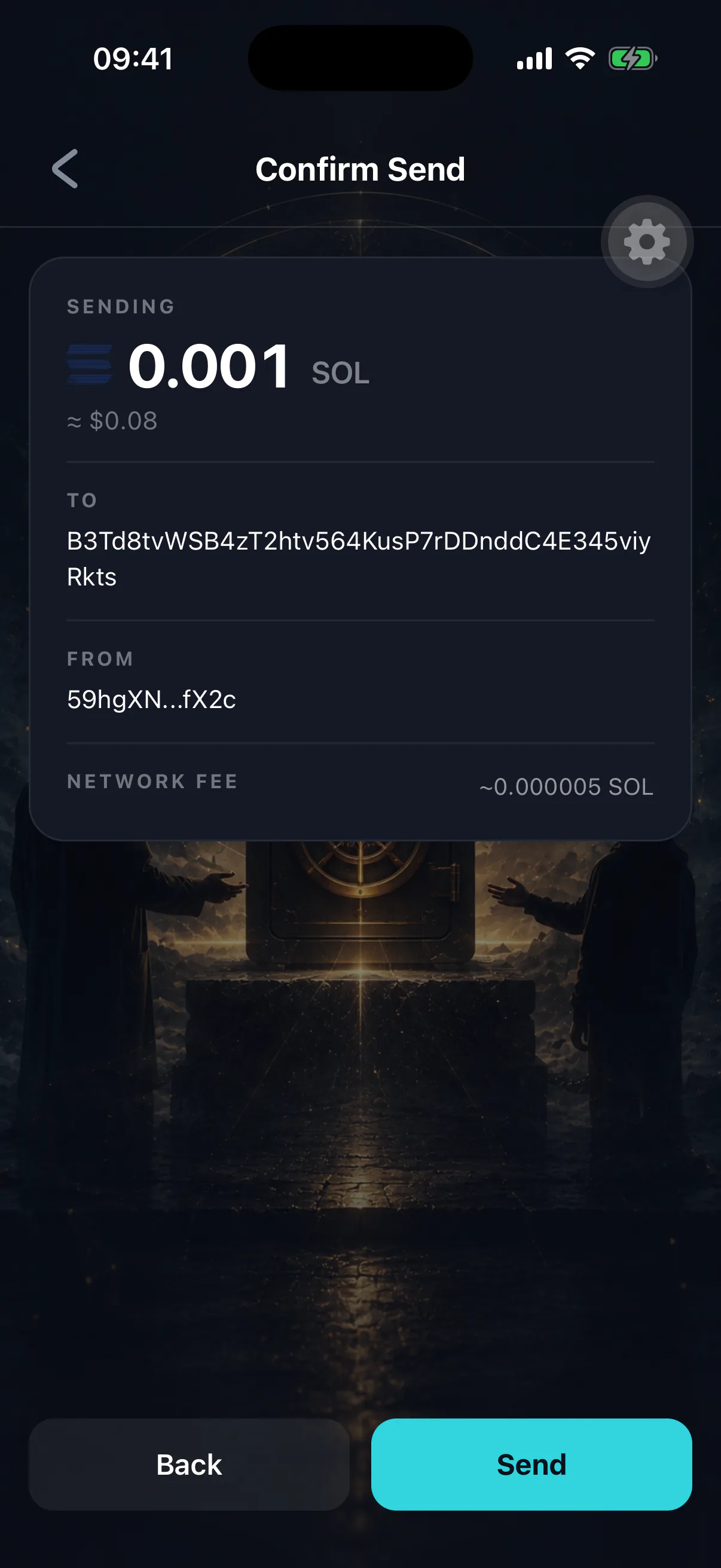 A transaction approval sheet showing destination, amount and network fee