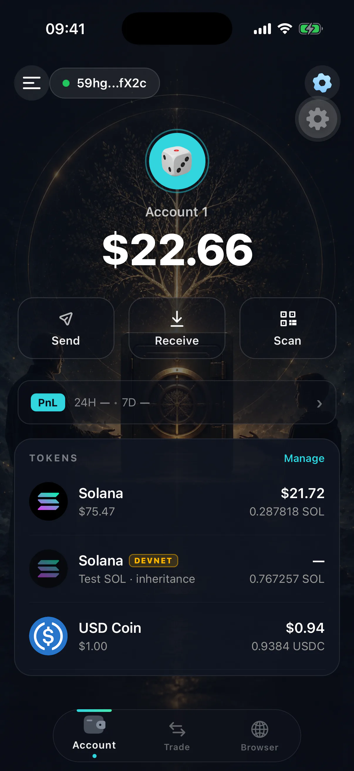 The Legacy Wallet portfolio screen showing SOL and token balances