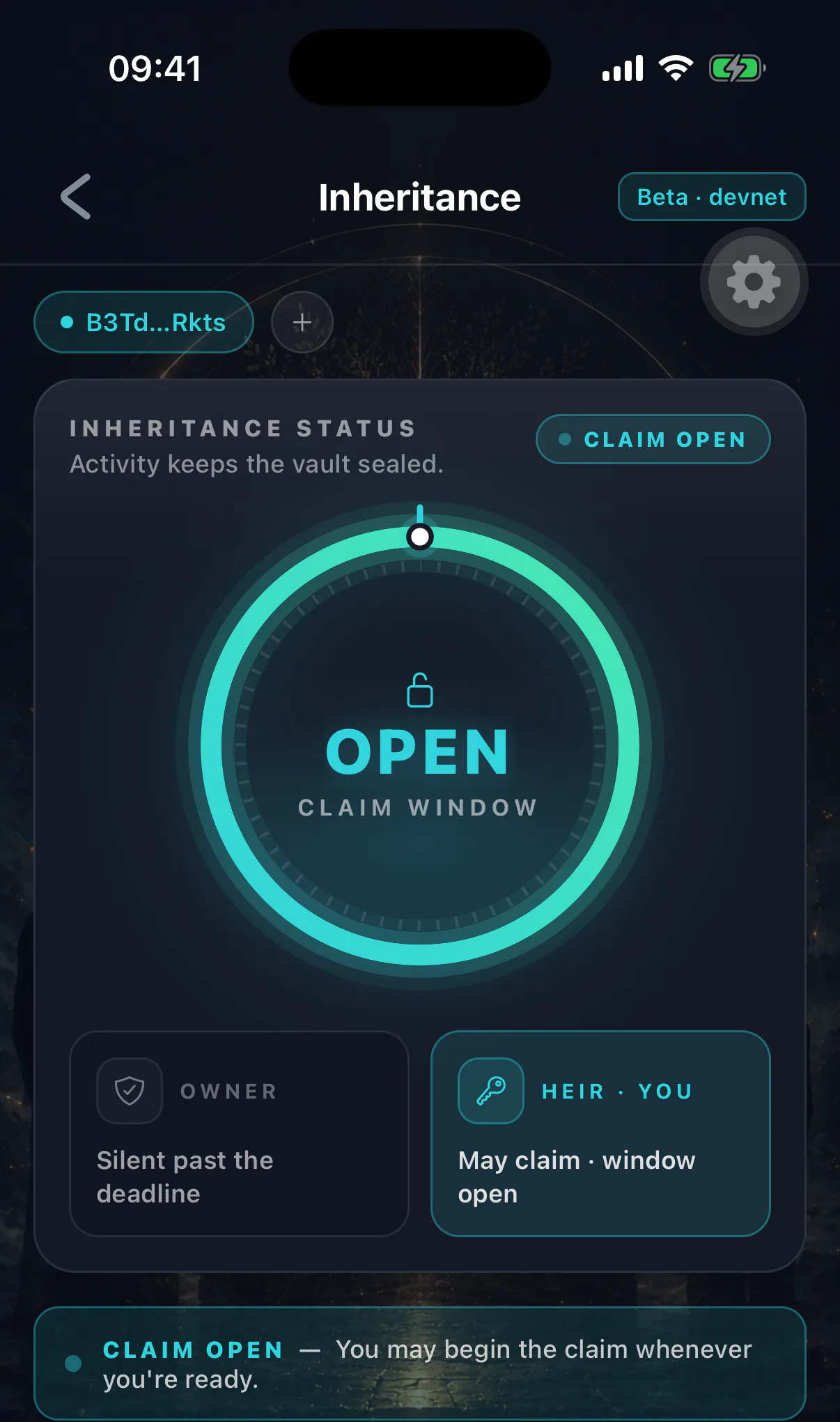 A watched owner whose inactivity timer has elapsed, with the option to start a claim