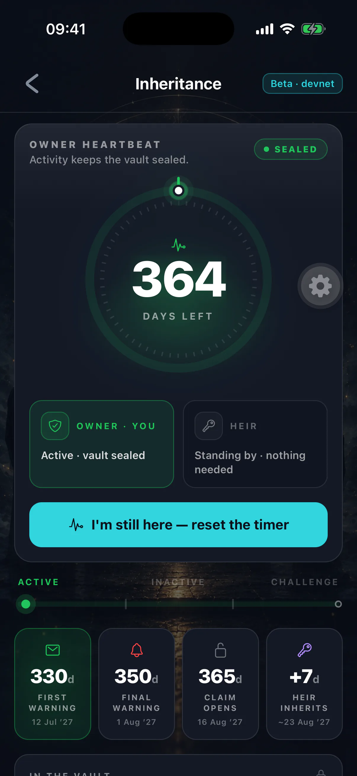 The inheritance dashboard showing the heartbeat countdown, heir and deposited estate