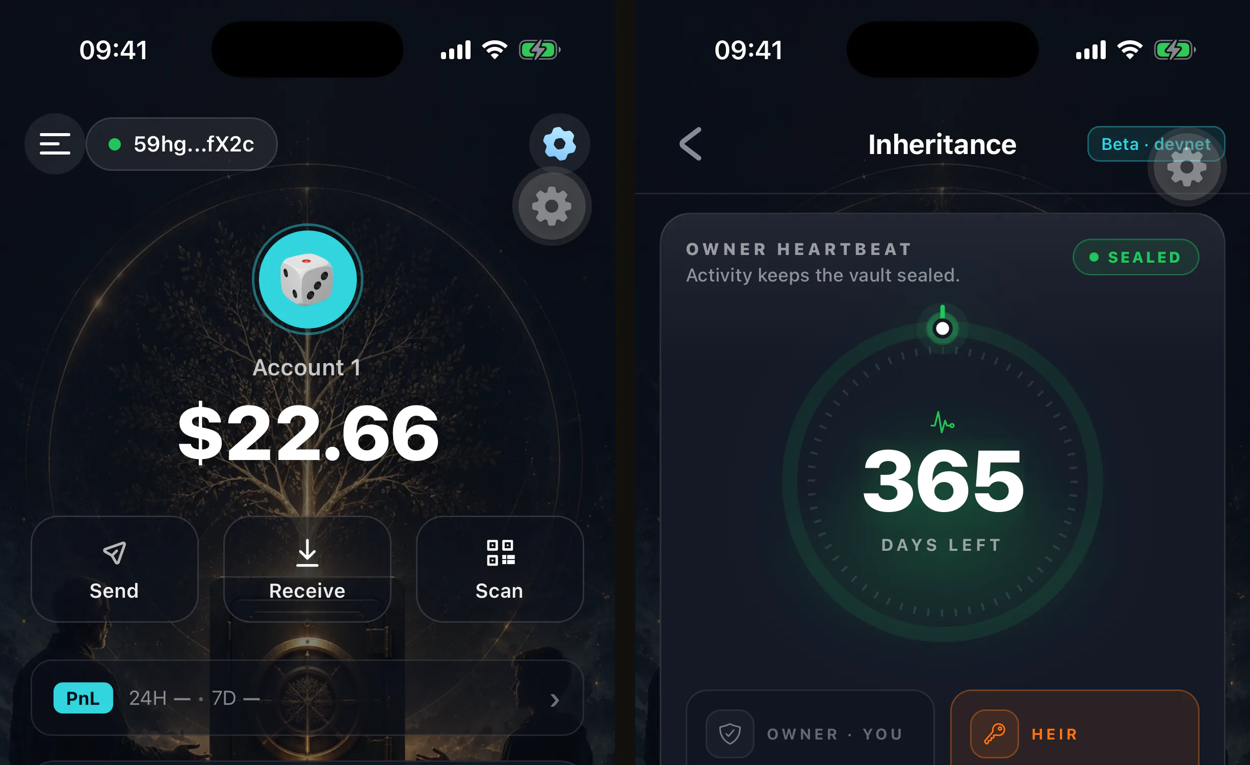 The portfolio and inheritance screens side by side showing separate balances