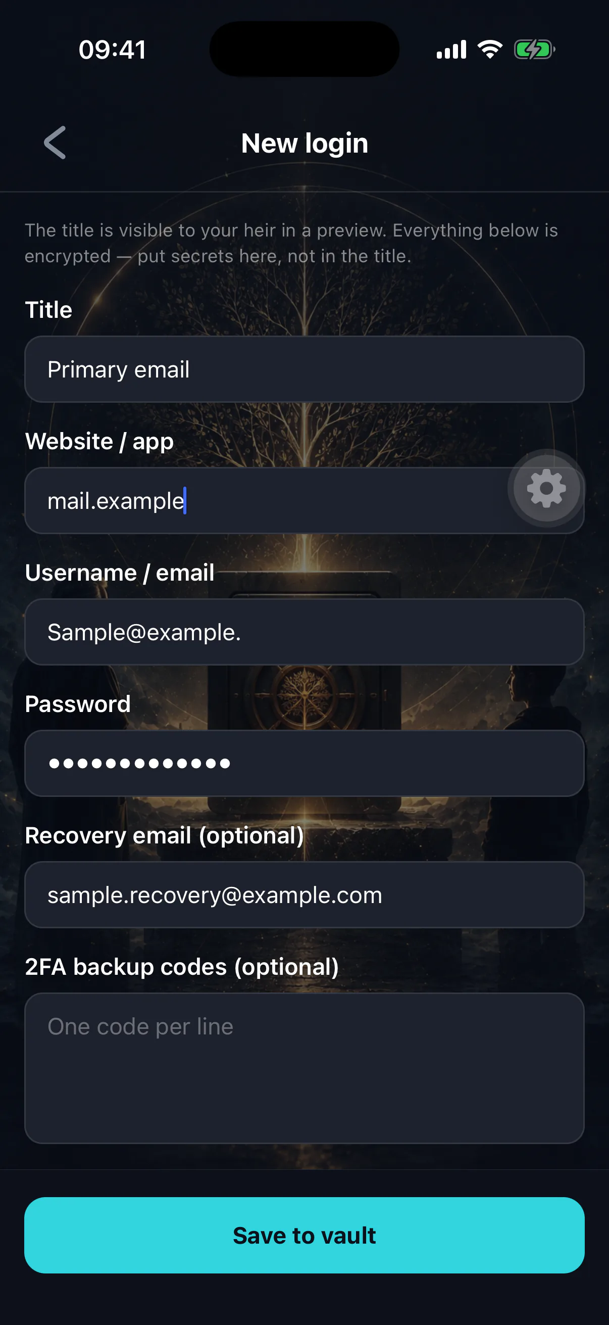 The vault item editor for a login, with title, username, password and notes fields