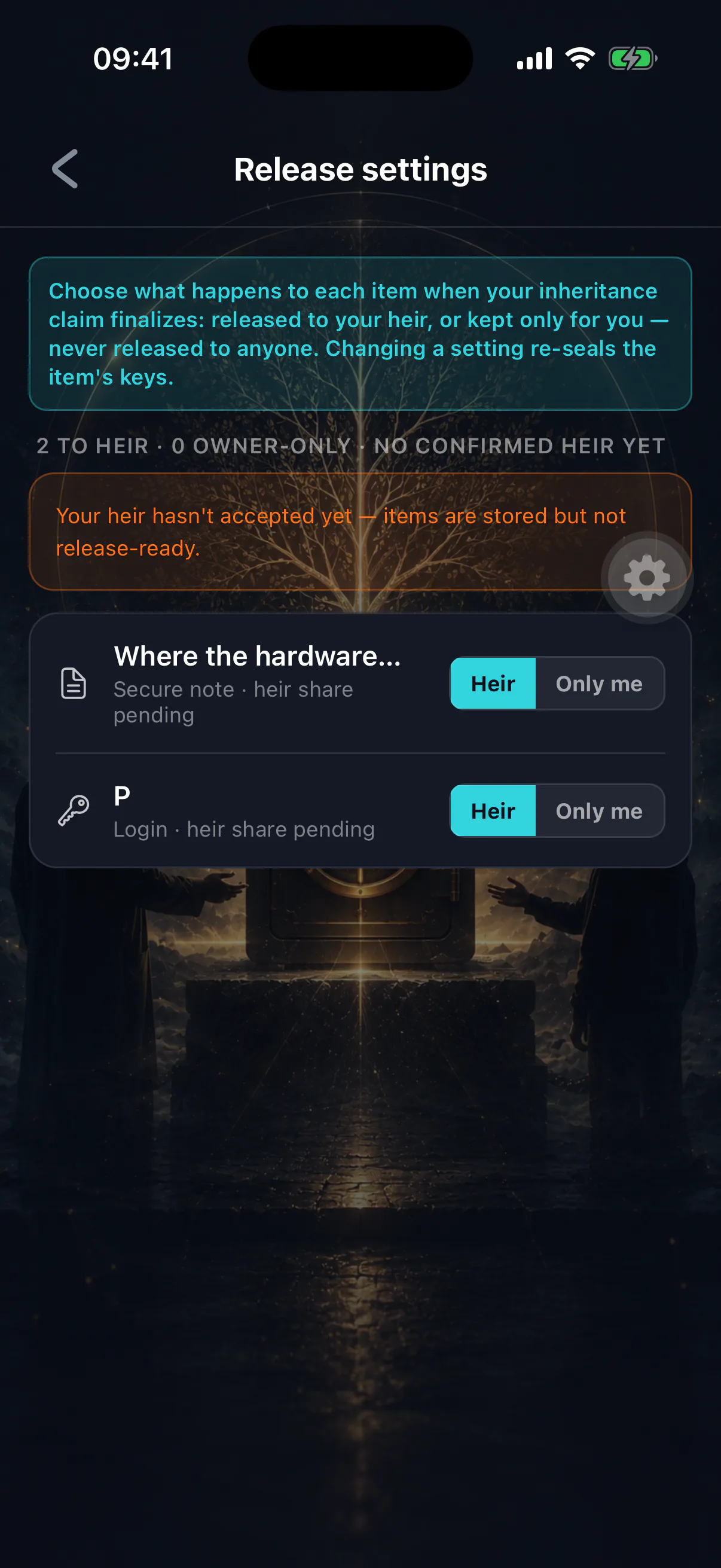 The release settings screen showing per-item scope between heir release and owner only