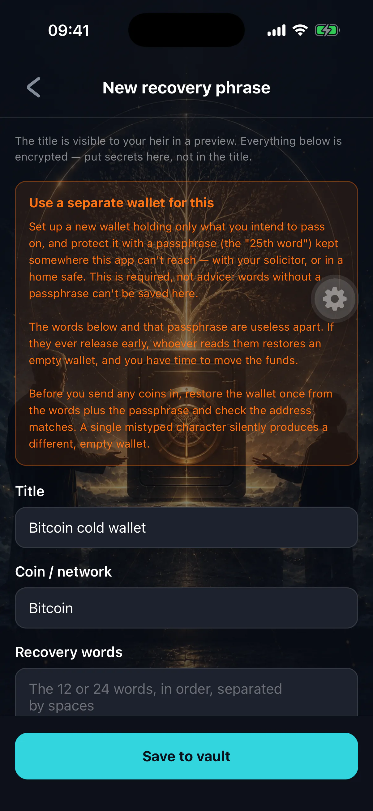 The recovery phrase editor with the required passphrase location field