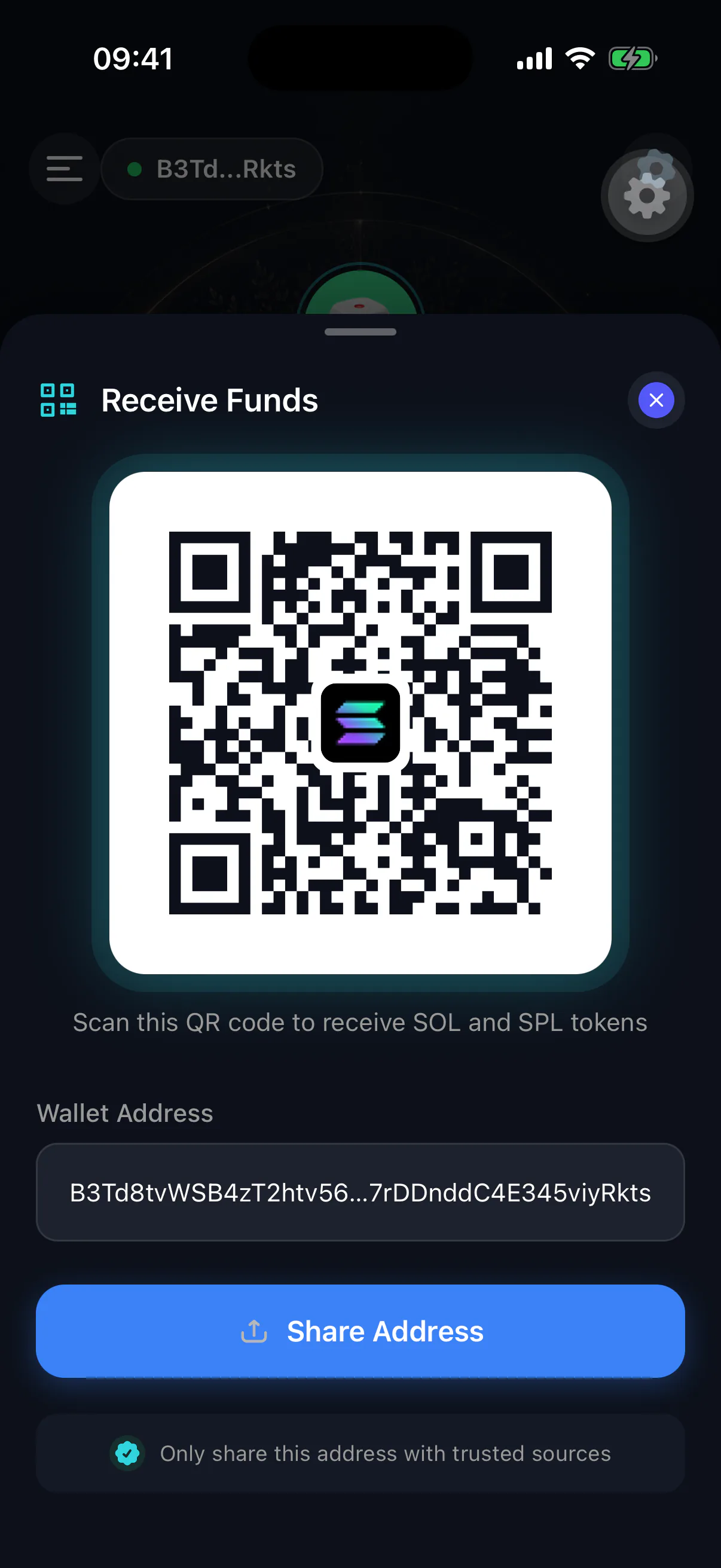 The receive screen showing the wallet address and its QR code