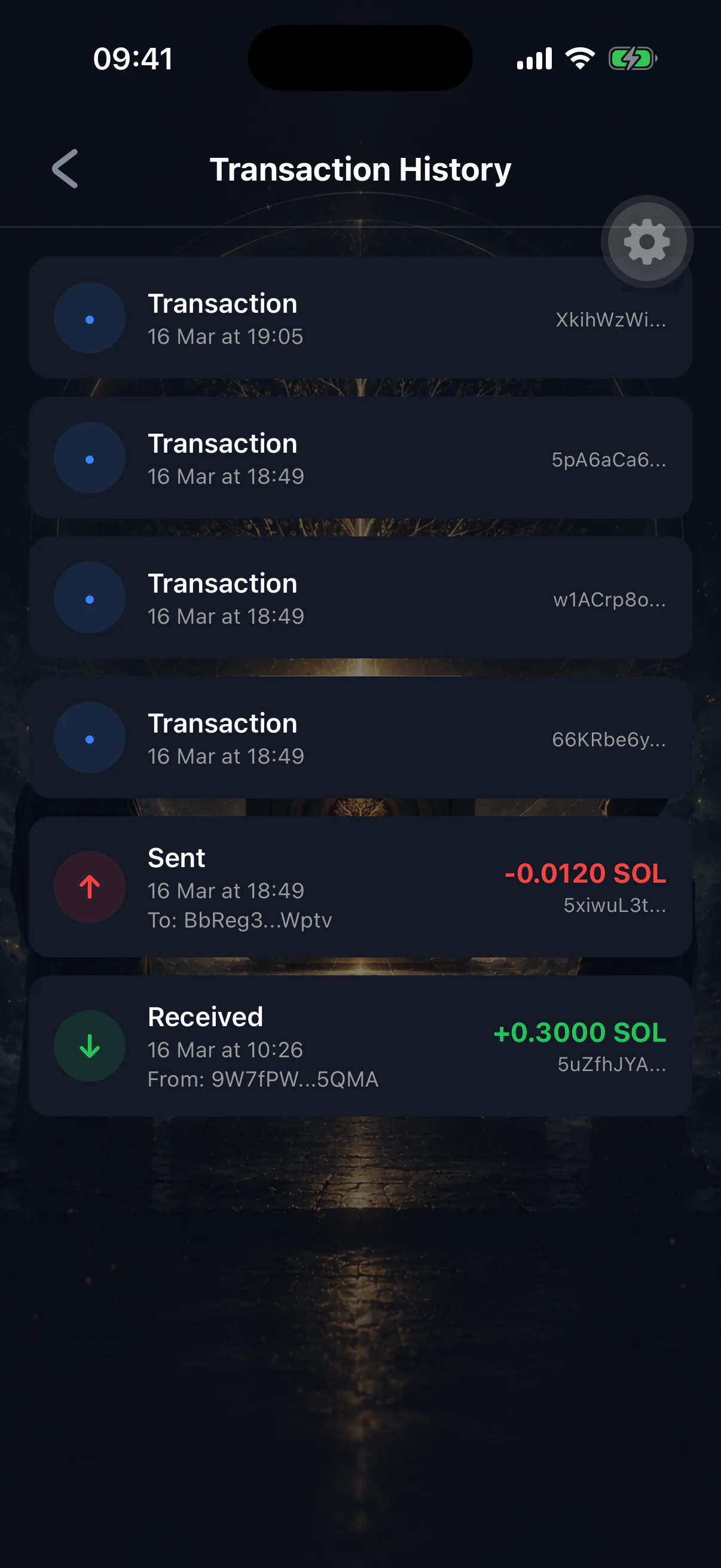 The transaction history list showing transfers, swaps and inheritance actions